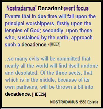 Nostradamus guide in his 1558 Epistle to Henry [HEE7] about decadent events